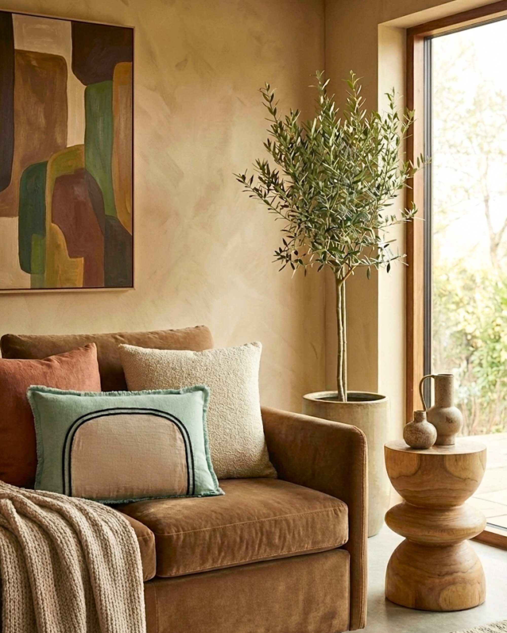 Mise en scène salon ambiance nature : coussin vert d'eau Arche sur canapé marron, à côté d'un grand olivier en pot et d'une table d'appoint totem en bois.