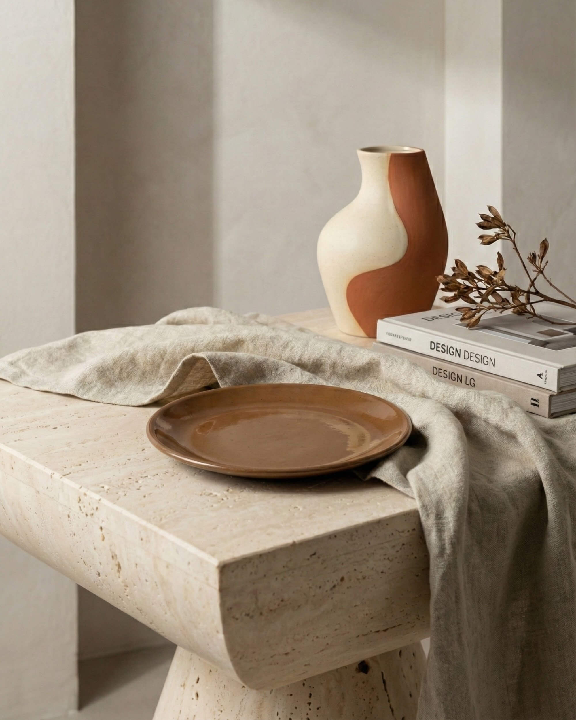 Assiette plate Ambra en céramique couleur ambre caramel posée sur une table en travertin.