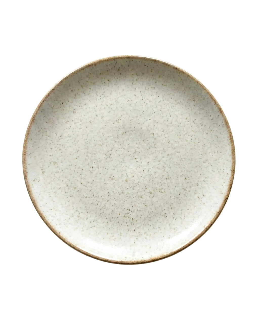 Vue de dessus de l'assiette Sienne en grès moucheté. Design épuré beige crème et forme ronde organique.