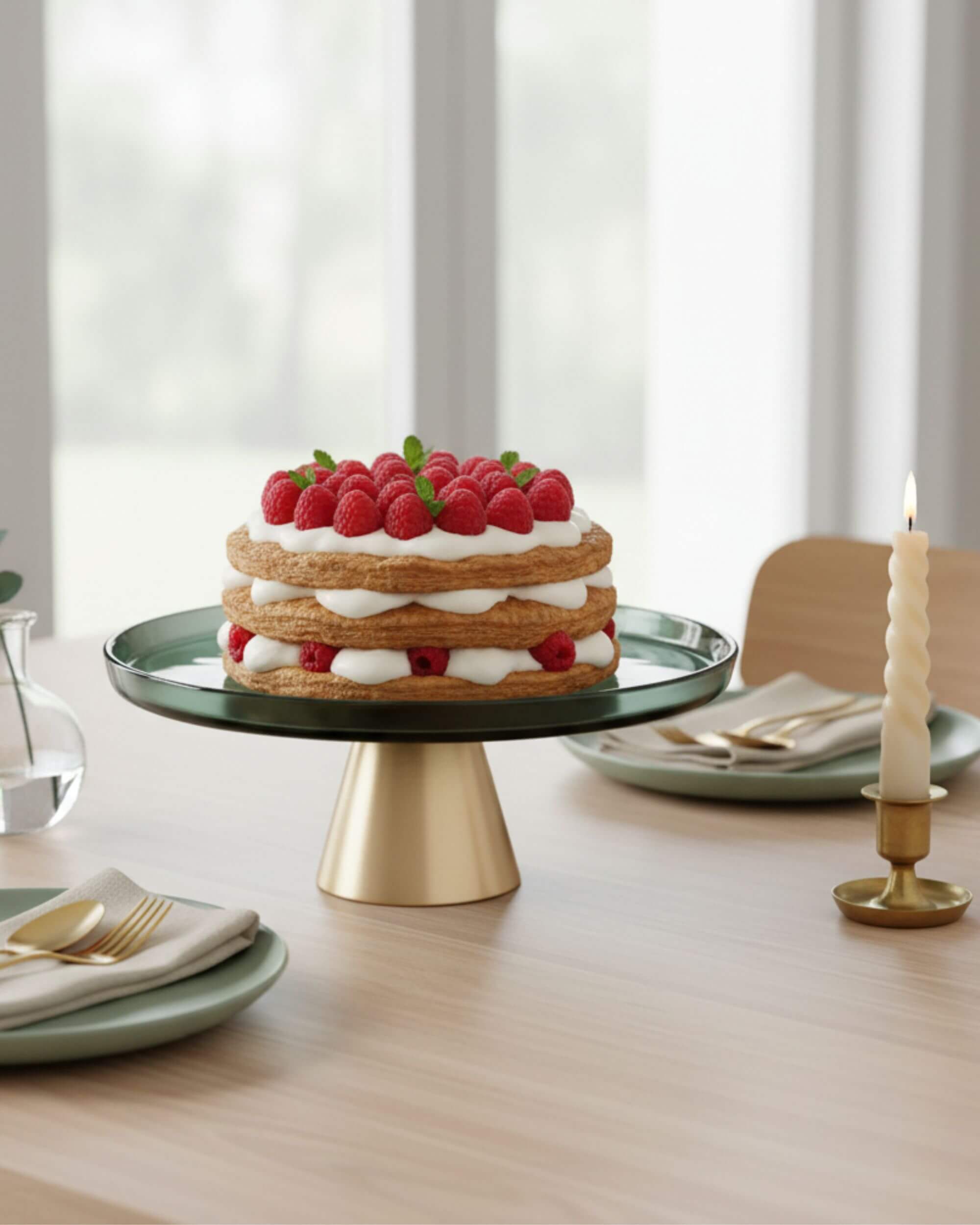 Plat à gâteau AYA sur une table avec dessert et décor doré
