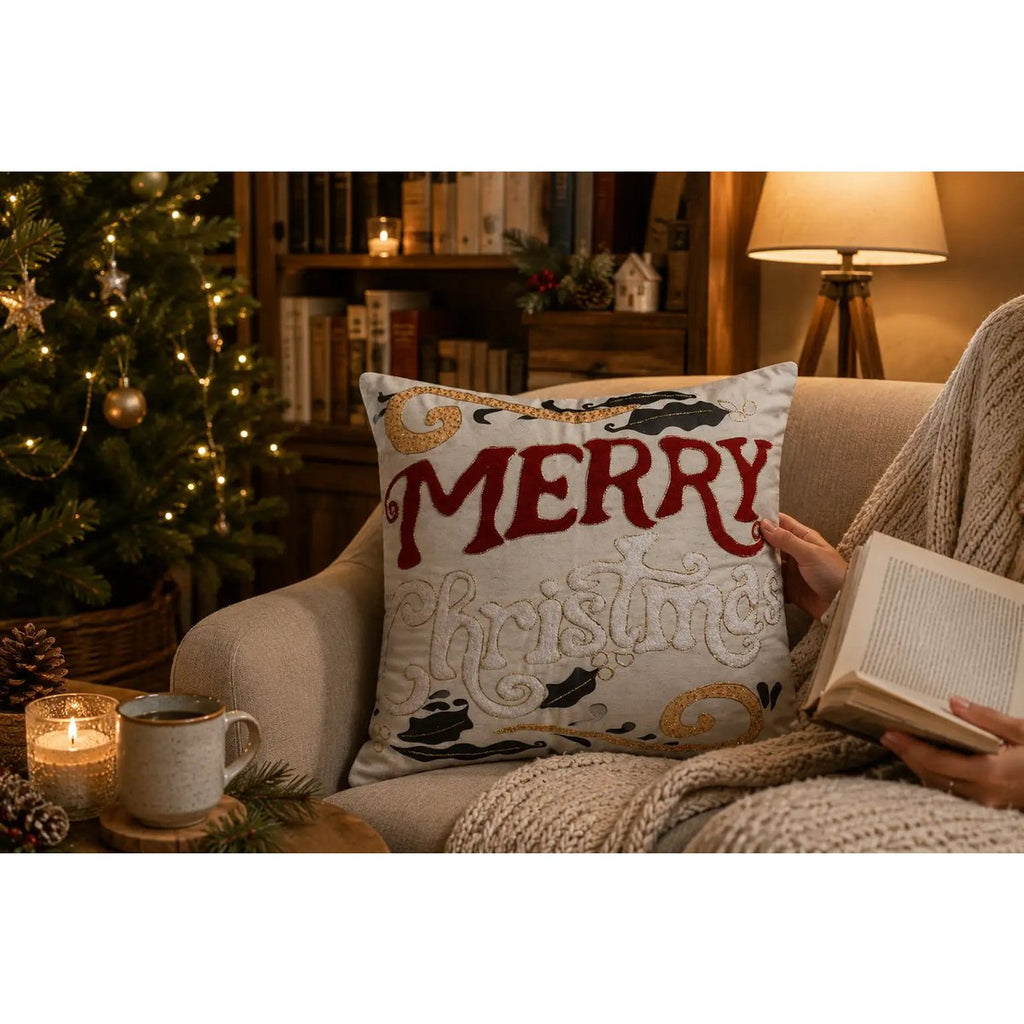 Housse de Coussin Noël Merry Christmas Brodé Houx Doré Coton Lin 45×45 cm