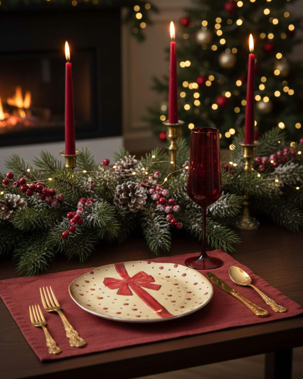 Mise en scène de l’assiette dorée avec nœud rouge sur une table de Noël décorée
