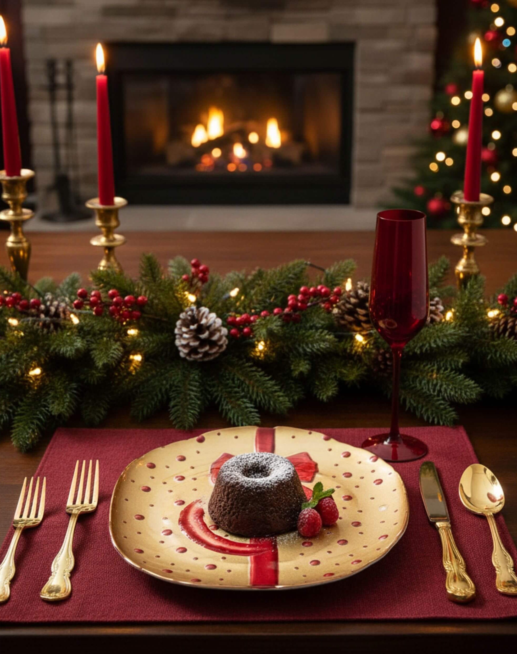 Assiette dorée avec nœud rouge accueillant un dessert au chocolat sur une table festive
