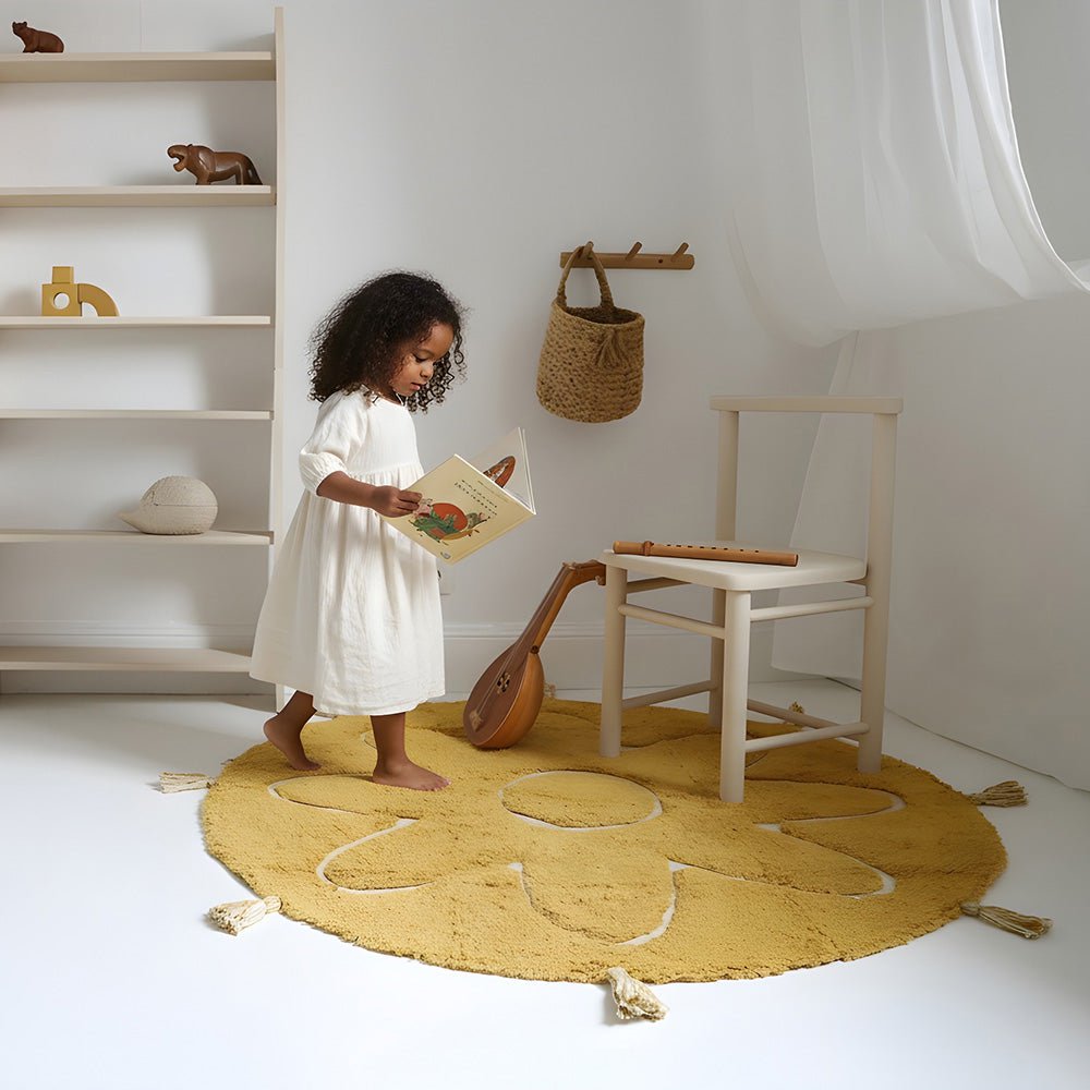 Tapis Rond Bohème à Pompons Jaune Mangue – YVA – Nattiot
