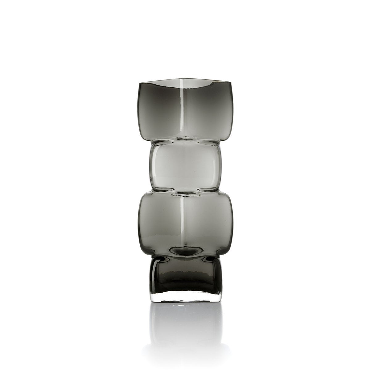 Grand vase sculptural design en verre gris foncé avec silhouette en formes de cubes.