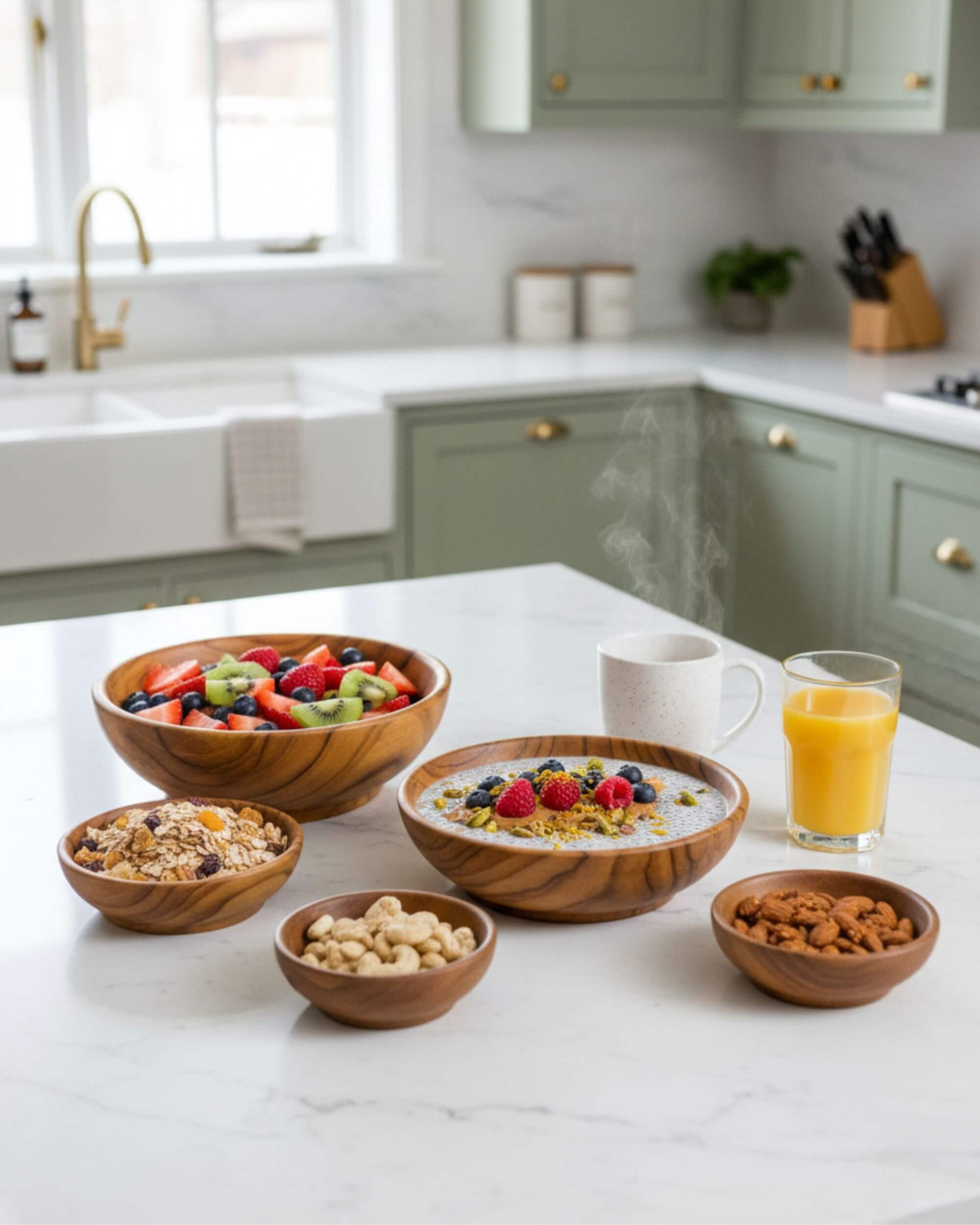 Bols MIRAN en teck utilisés pour fruits et céréales
