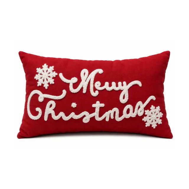 Housse de Coussin Noël SnowJoy Merry Christmas Brodé Flocons Blanc Fond Rouge 30×50 cm