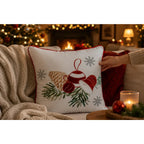 Housse de Coussin Noël Cloches Brodées Pommes de Pin Sapin Coton 45×45 cm