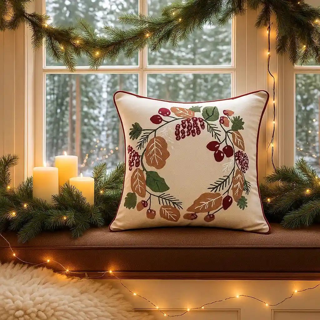 Housse de Coussin Noël Couronne Brodée Main Baies Feuilles Coton 45×45 cm