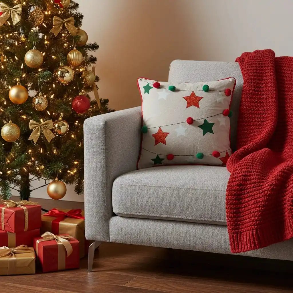 Housse de Coussin Noël Étoiles Brodées Guirlande Pompons Coton Lin 45×45 cm