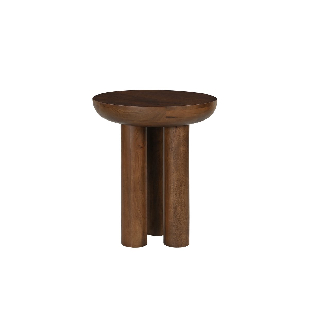 Vue détaillée des trois pieds cylindriques séparés soutenant le lourd plateau en bois massif.