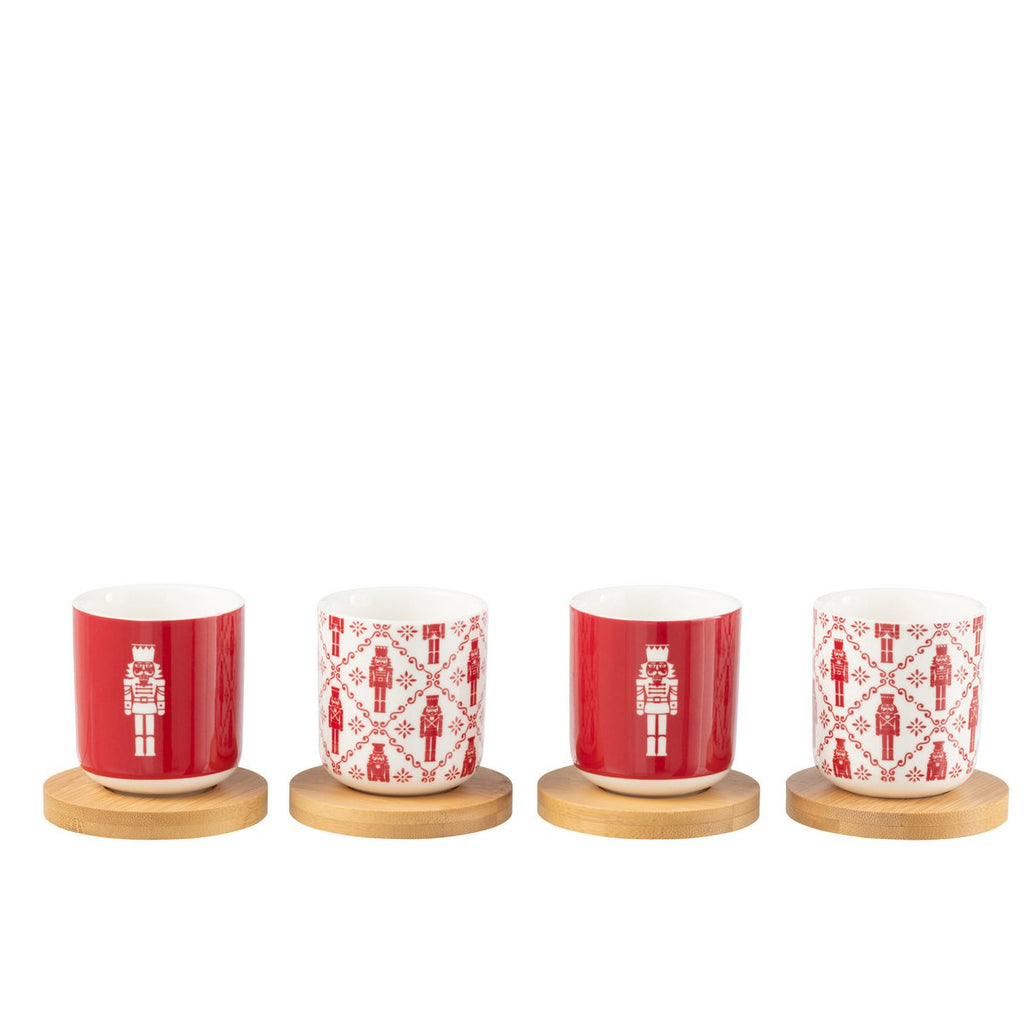 Coffret 4 Tasses + Soucoupes Bambou Céramique Rouge Casse-Noisette Noël