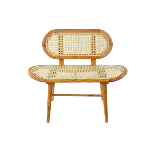 Petit banc design vintage avec structure en bois de teck massif et assise/dossier en cannage rotin.