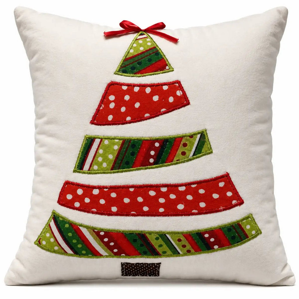 Housse de Coussin Noël Sapin Appliqué Coloré Rouge Vert Nœud Coton 45×45 cm