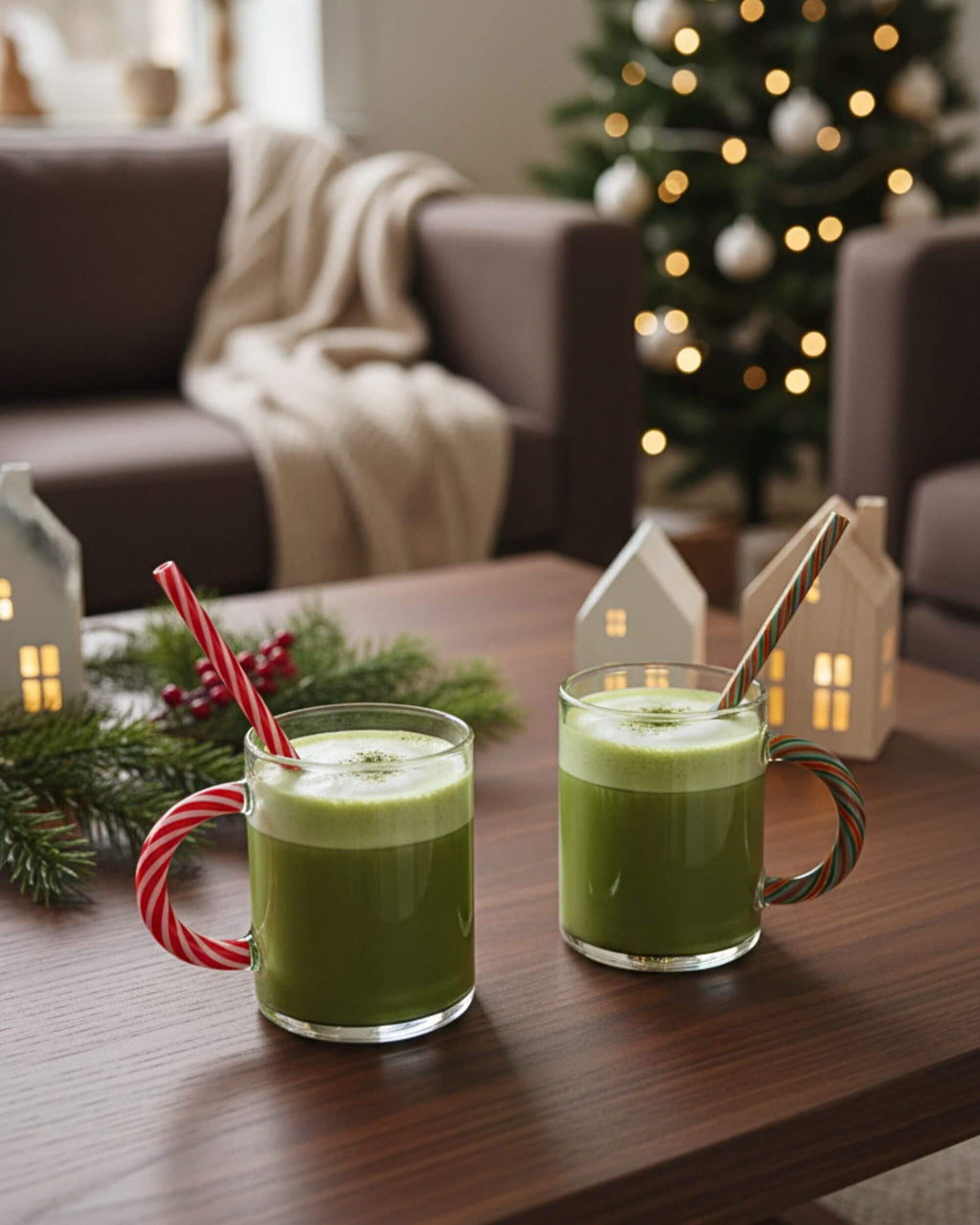 Deux tasses CANDY CANE avec boisson chaude verte sur une table devant le sapin de Noël.
