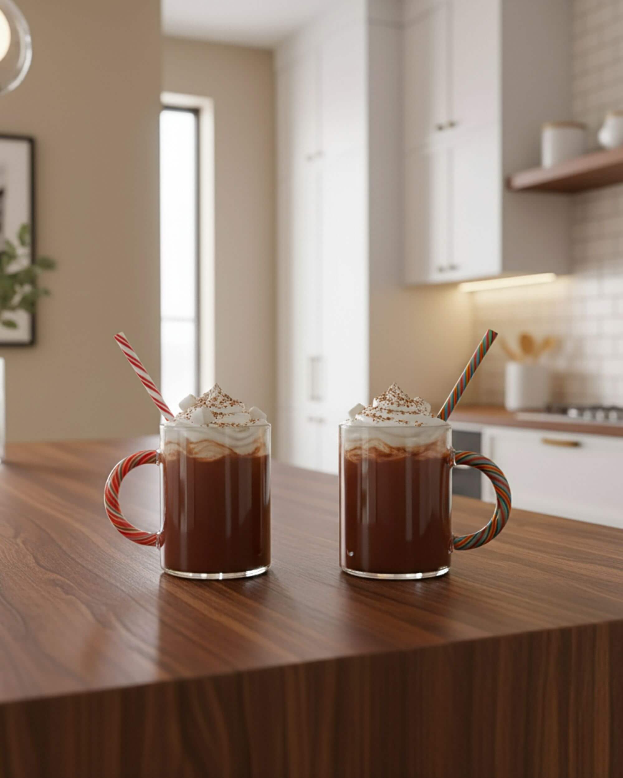 Duo de tasses CANDY CANE avec chocolat chaud et crème chantilly sur un plan de travail.
