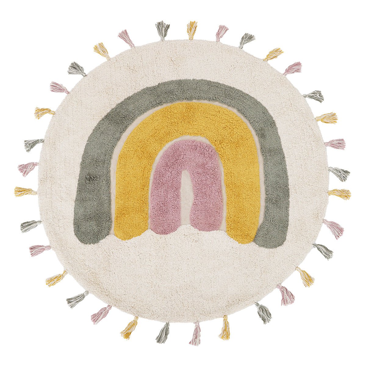 Tapis Rond Coton Arc-en-Ciel avec Pompons Ø110 cm – Rainbow Moss