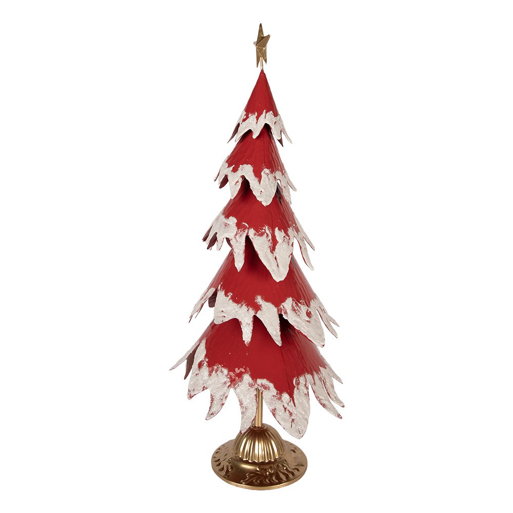 Décoration Noël Sapin Métal Rouge Effet Neige Base Dorée 39×31×84 cm
