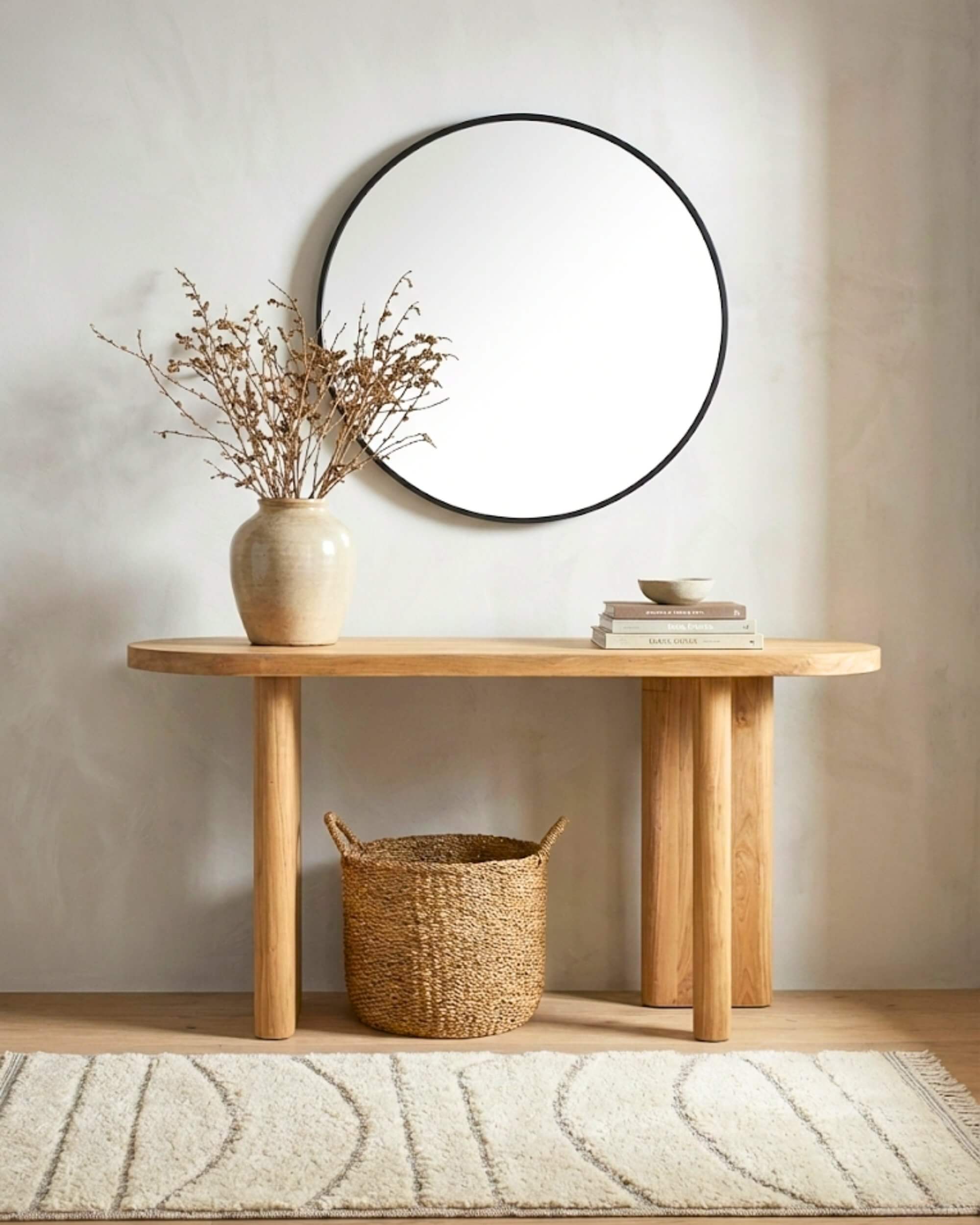 Vue de face console en bois de teck naturel clair 150cm décorée avec vase et livres, ambiance wabi-sabi lumineuse.