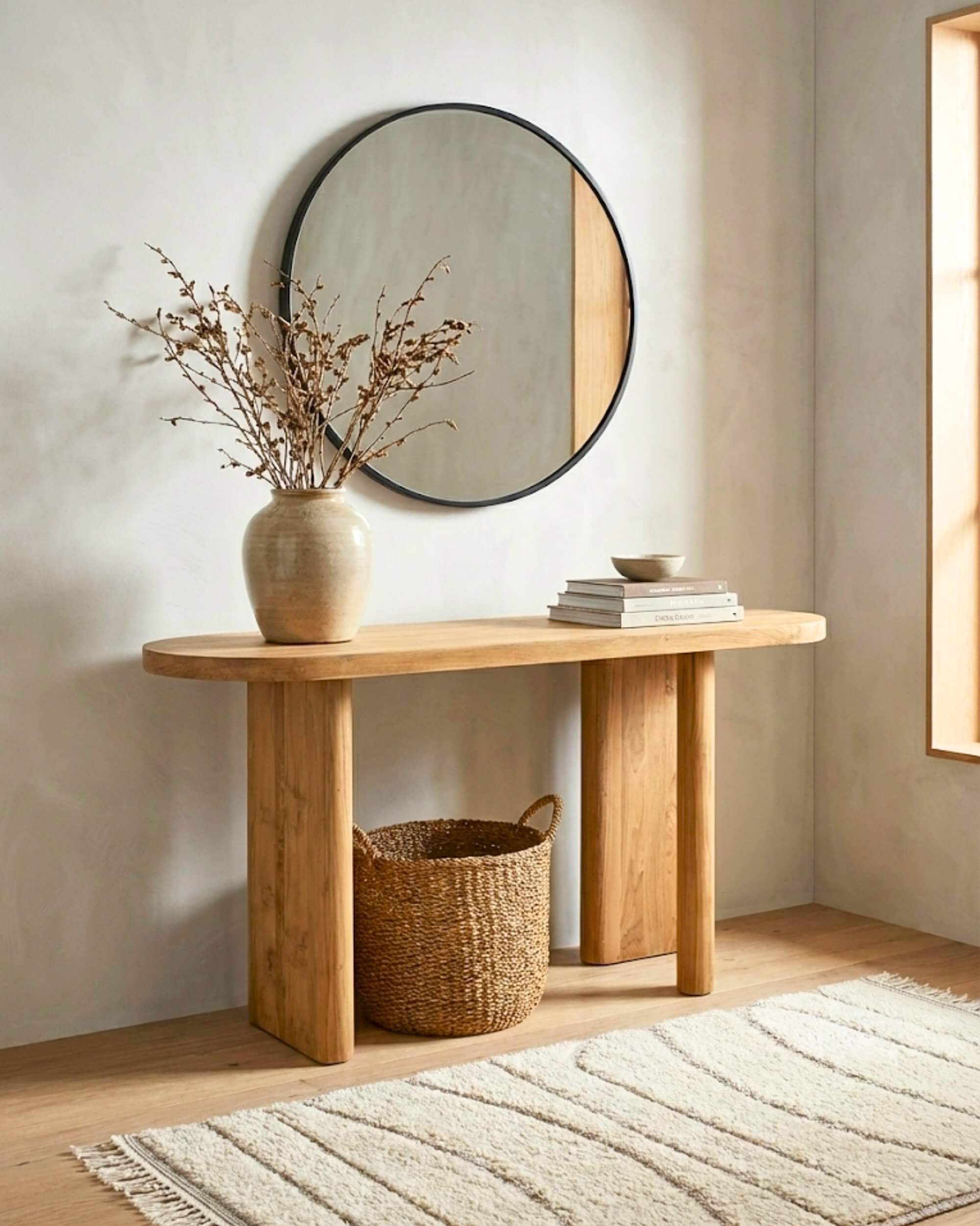 Console design organique en teck naturel J-Line mise en scène dans une entrée style Japandi avec grand miroir rond noir, vase en céramique et panier en osier.