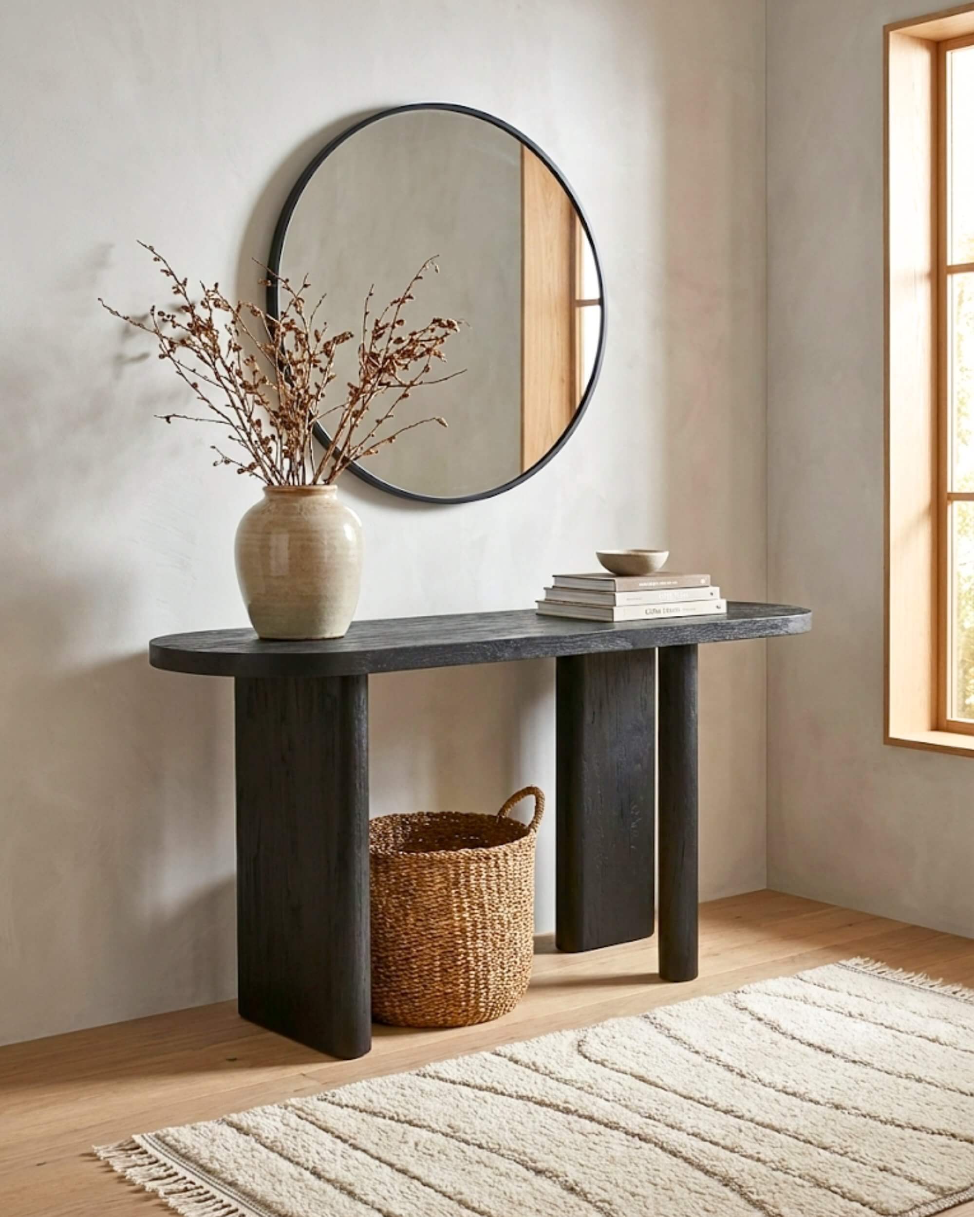 Console design organique en teck noir J-Line mise en scène dans une entrée style Japandi avec miroir rond et vase.