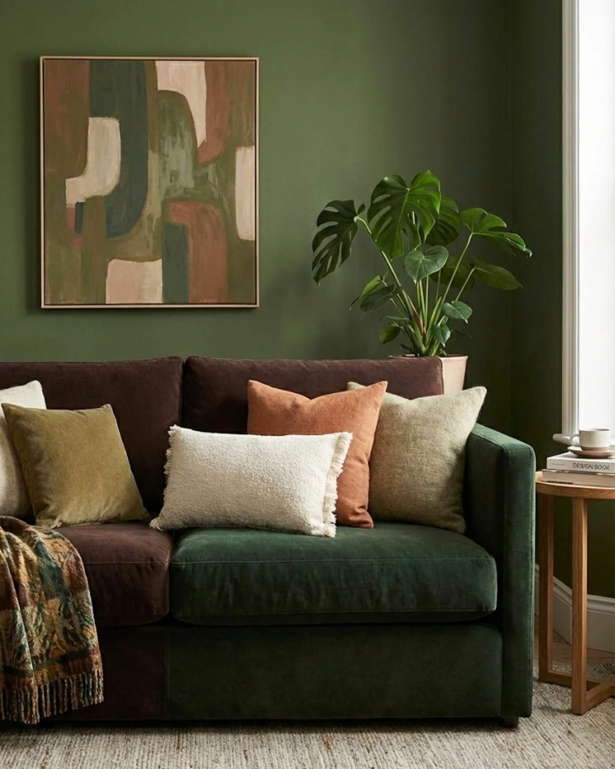 Mise en scène salon cosy : petit coussin lombaire bouclette blanc perle sur un canapé en velours, à côté d'une lampe en céramique et d'une grande plante verte.