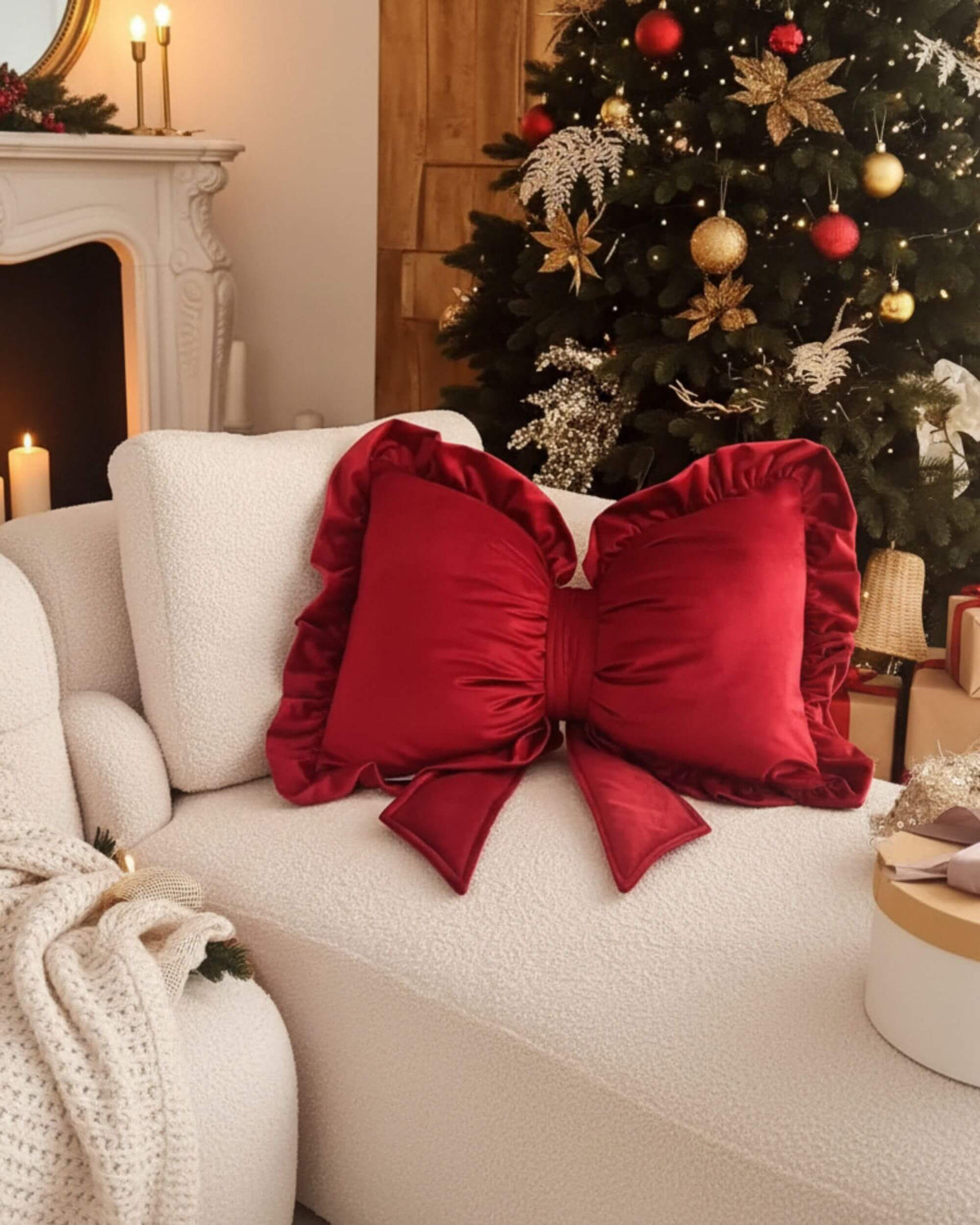 Coussin nœud CARMINE en velours rouge sur un fauteuil écru, près d’un sapin de Noël décoré.