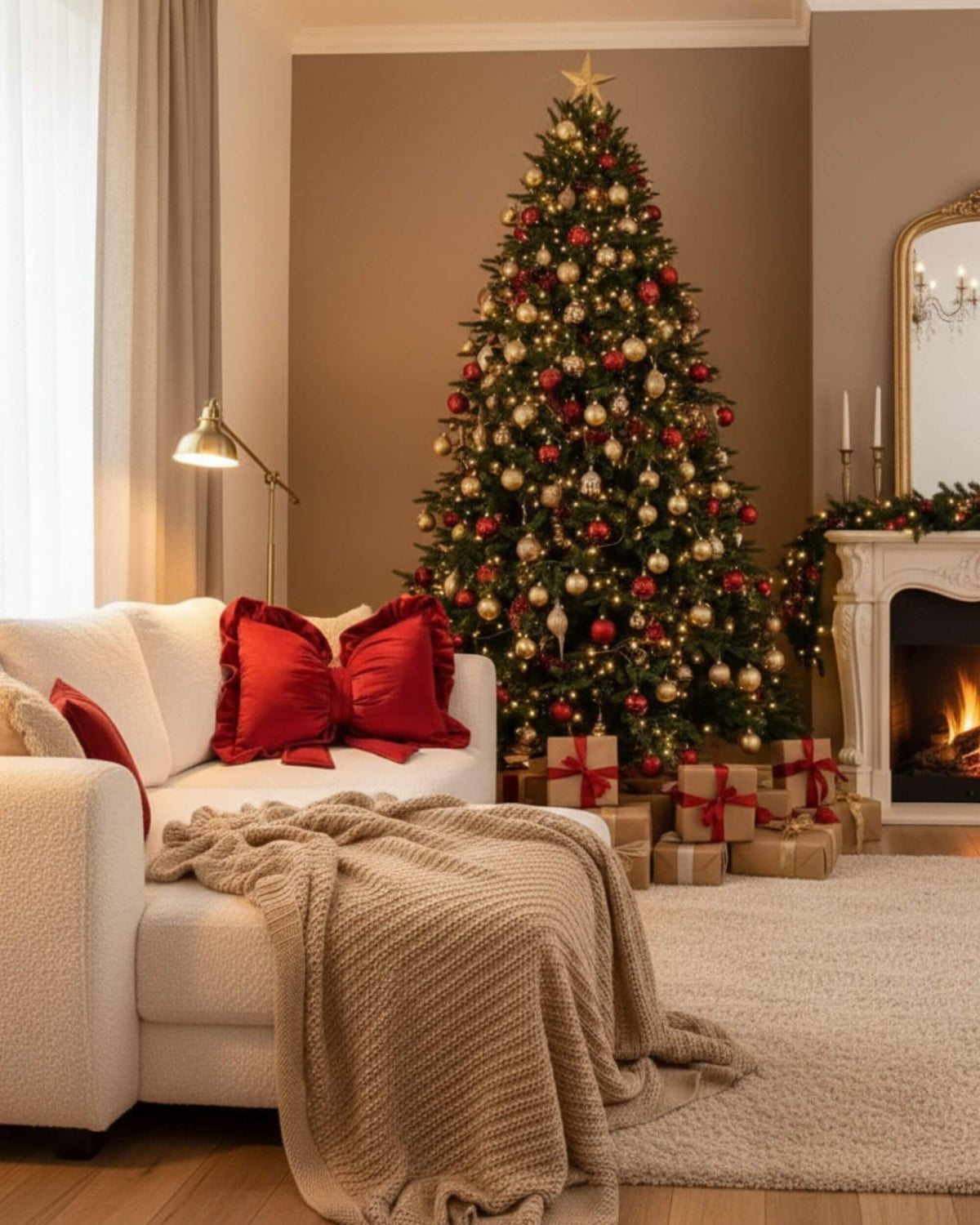 Coussin CARMINE rouge sur une assise claire dans un salon de Noël, avec un plaid beige et un grand sapin illuminé.