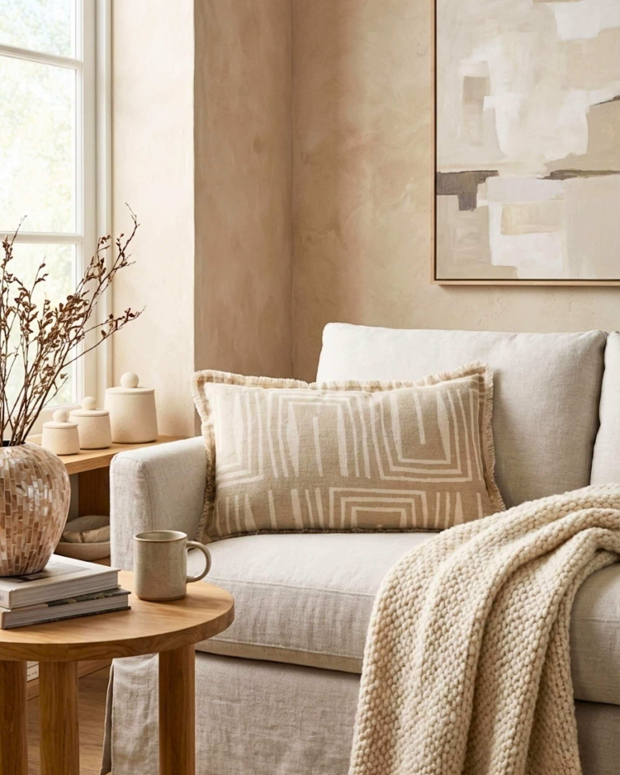 Coussin rectangulaire en lin 'Labyrinthe' aux motifs géométriques beiges et blancs, mis en scène sur un canapé clair dans un salon cosy avec plaid en maille et table basse en bois.