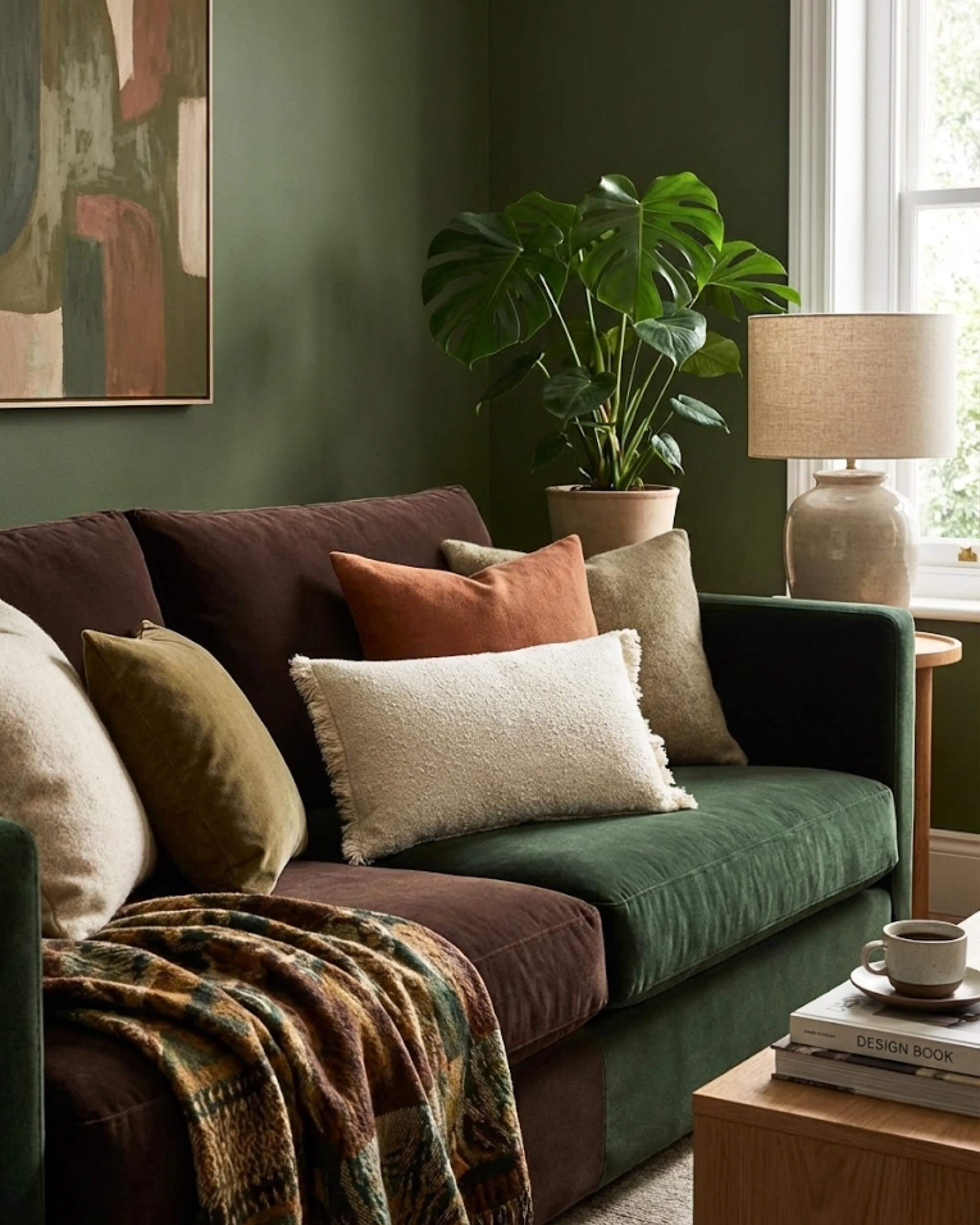 Coussin rectangulaire en tissu bouclette écru 'Nuage' posé sur un canapé en velours vert foncé et marron, entouré de coussins colorés terracotta et olive sous un tableau abstrait.