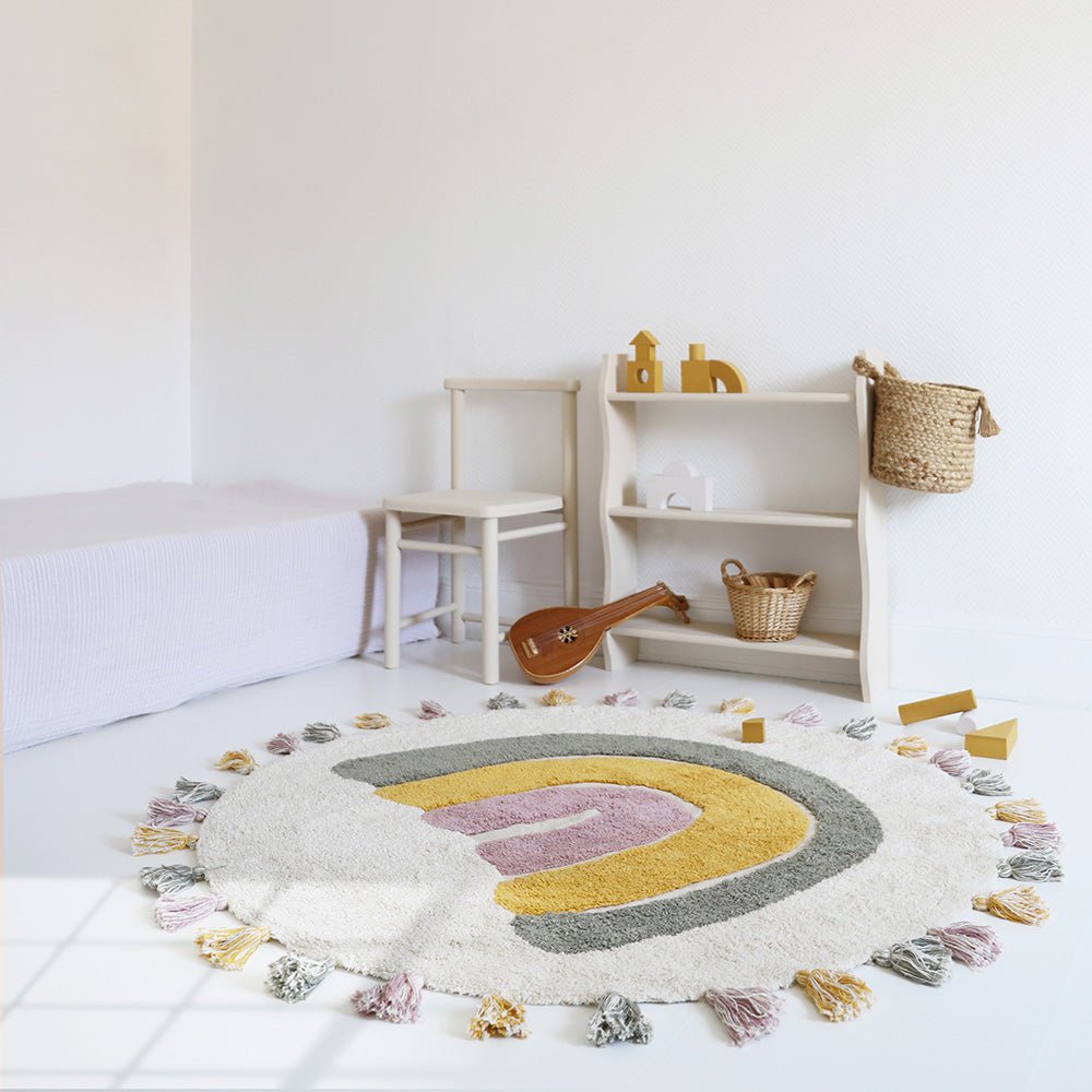 Tapis Rond Coton Arc-en-Ciel avec Pompons Ø110 cm – Rainbow Moss