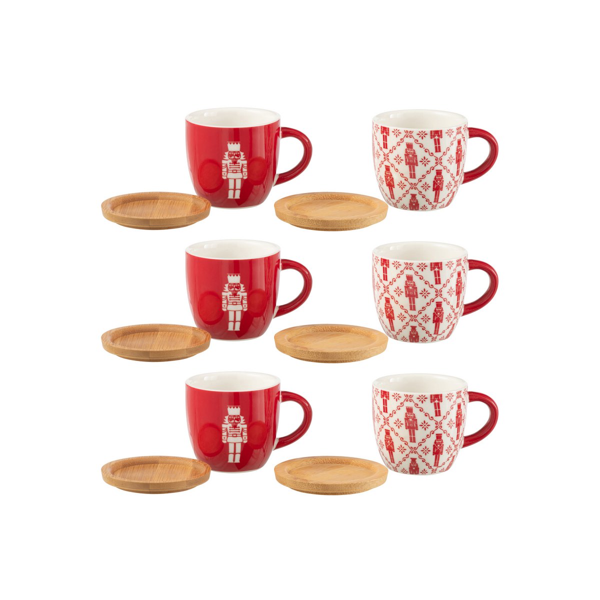 Coffret 6 Tasses + Soucoupes Bambou Céramique Rouge Casse-Noisette Noël