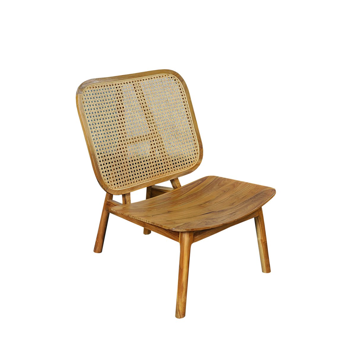 Fauteuil lounge design vintage avec structure et assise en bois de teck massif, dossier en cannage rotin.