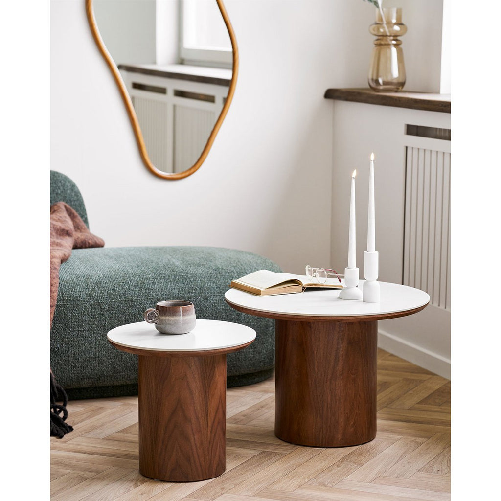 Table Basse NOLI Céramique Blanc Pied Frêne Ø60×42 cm