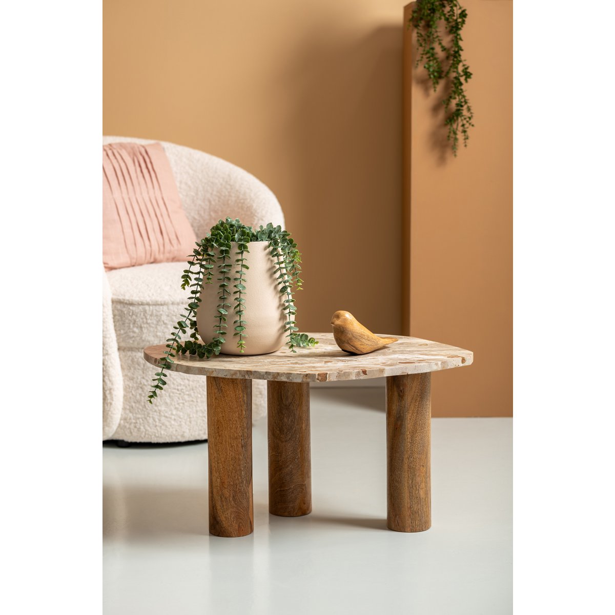 Table Basse ORGANIC Marbre Marron Pieds Bois 75×50×40 cm