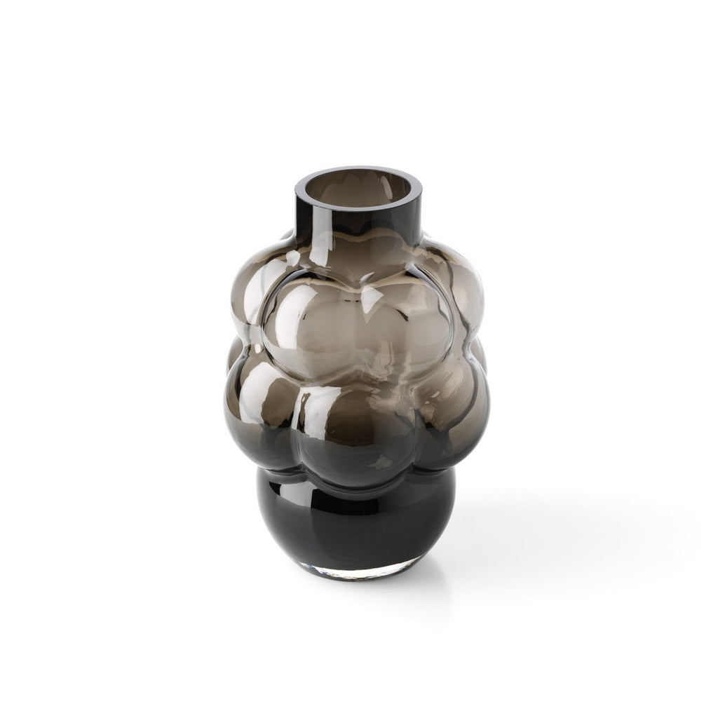 Grand vase décoratif en verre recyclé gris foncé, forme de grappe de raisin organique.