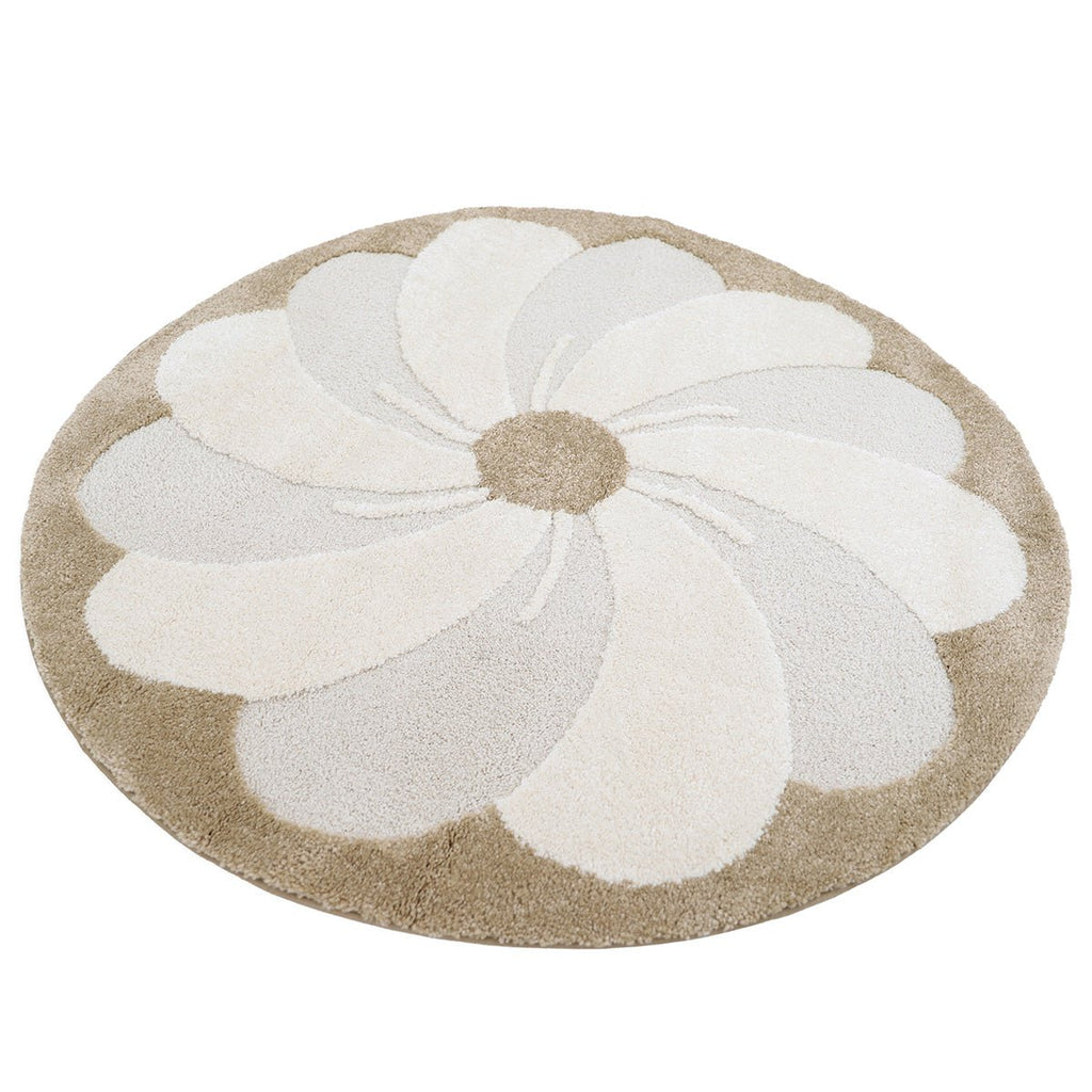 Tapis Rond Velours Motif Fleur en Relief Écru & Beige – Elsa