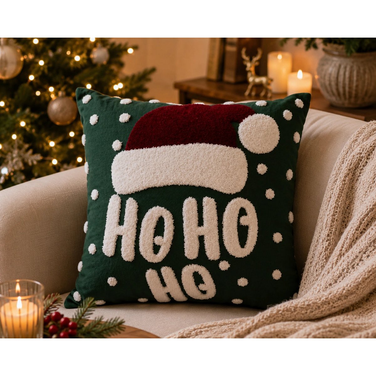 Housse de Coussin Noël HO HO HO Brodée Vert Blanc Rouge 45×45 cm
