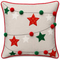 Housse de Coussin Noël Étoiles Brodées Guirlande Pompons Coton Lin 45×45 cm