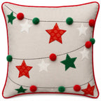 Housse de Coussin Noël Étoiles Brodées Guirlande Pompons Coton Lin 45×45 cm