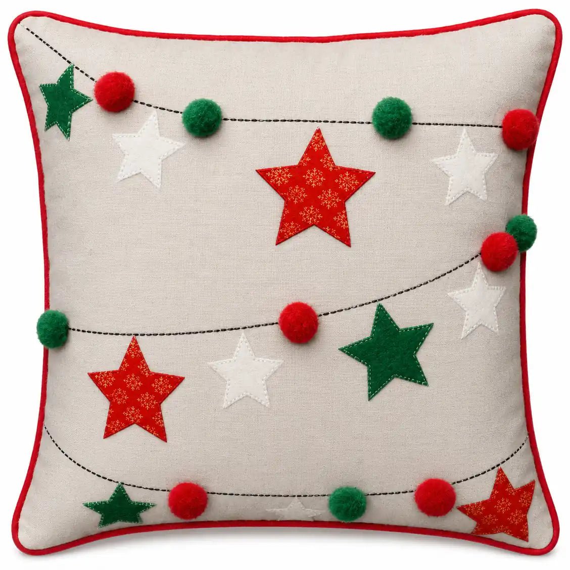 Housse de Coussin Noël Étoiles Brodées Guirlande Pompons Coton Lin 45×45 cm