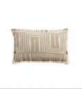 Coussin rectangulaire 30x50 en lin beige naturel imprimé motifs géométriques blancs et franges