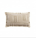 Coussin rectangulaire 30x50 en lin beige naturel imprimé motifs géométriques blancs et franges