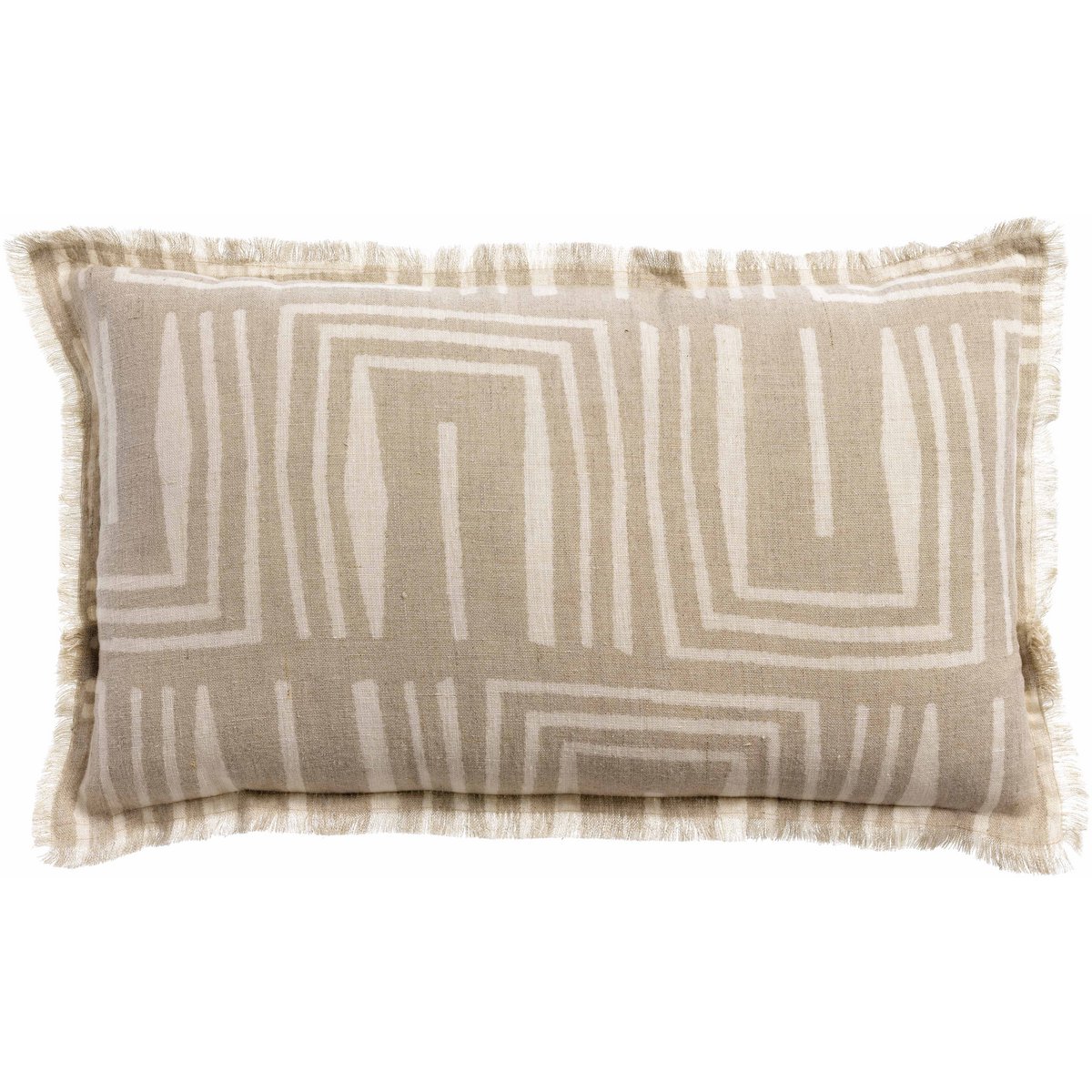 Coussin rectangulaire 30x50 en lin beige naturel imprimé motifs géométriques blancs et franges