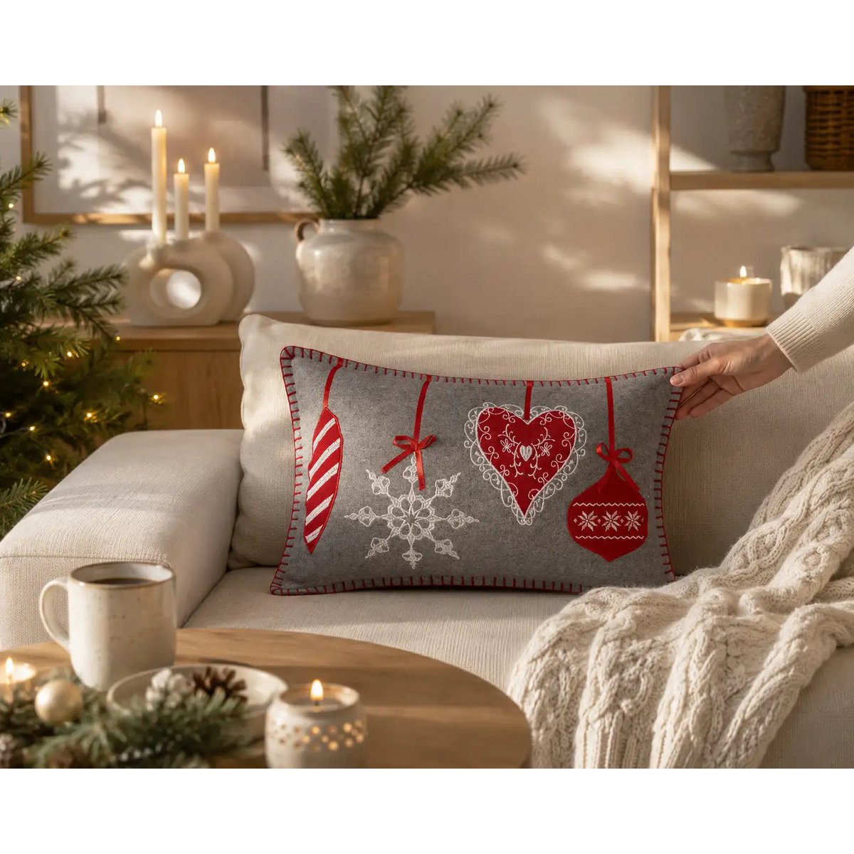 Housse de Coussin Noël Glimt Ornements Appliqués Cœur Flocon Boules Laine Gris Rouge 30×50 cm