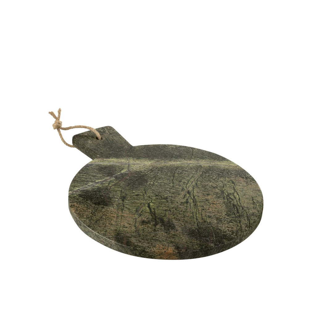 Vue arrière de la planche à fromages en pierre naturelle verte, avec son petit lien de suspension.