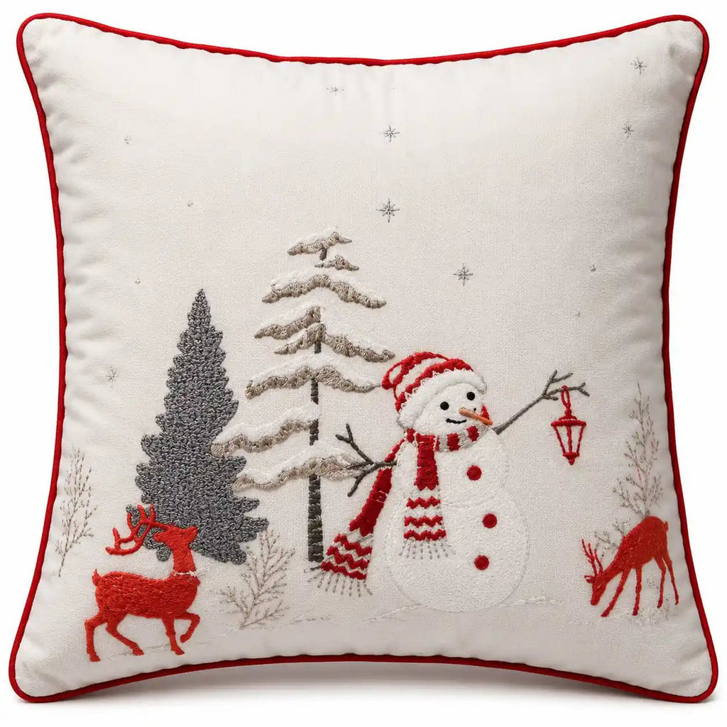 Housse de Coussin Noël Bonhomme de Neige Brodé Rennes Arbres Blanc Rouge Argent 45×45 cm