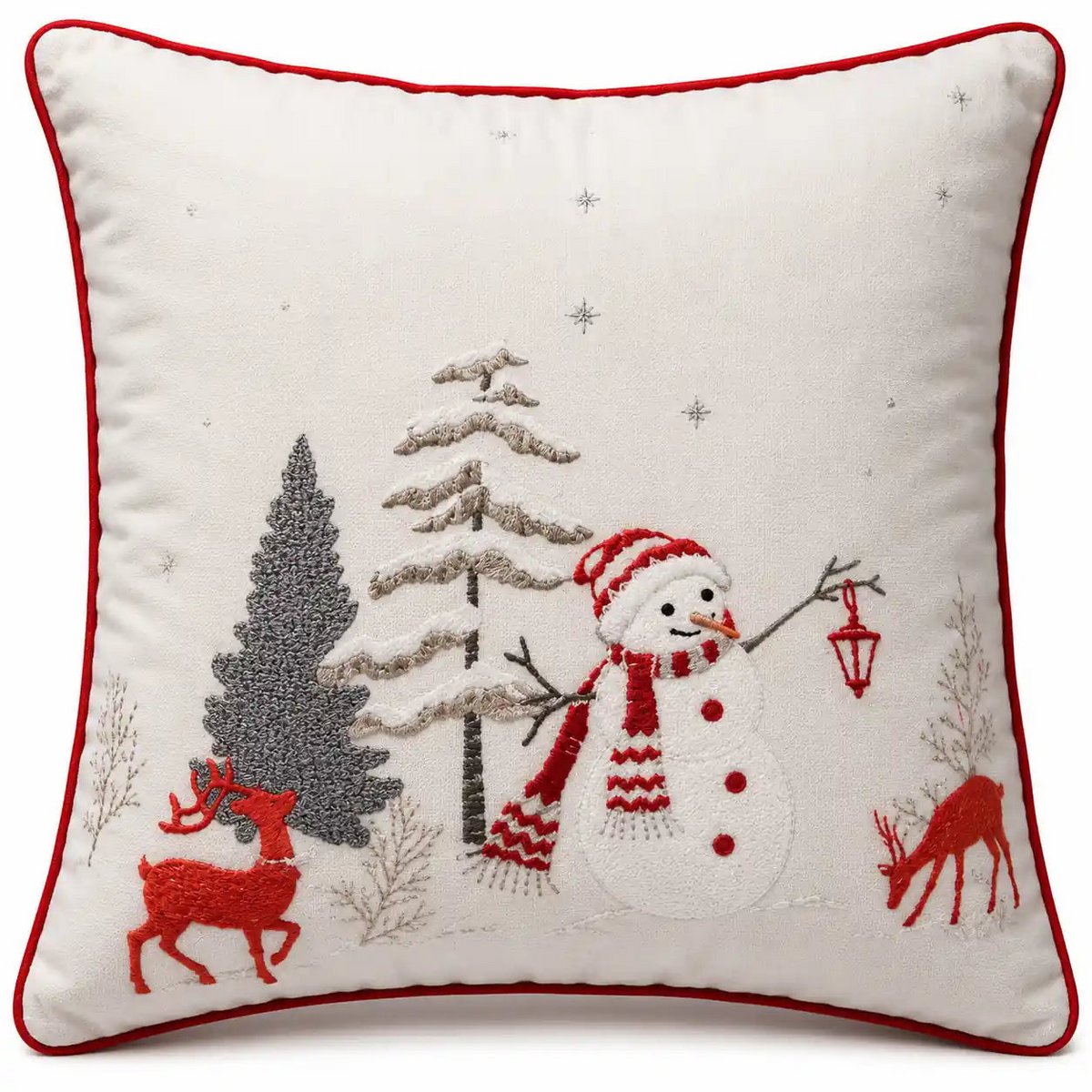 Housse de Coussin Noël Bonhomme de Neige Brodé Rennes Arbres Blanc Rouge Argent 45×45 cm