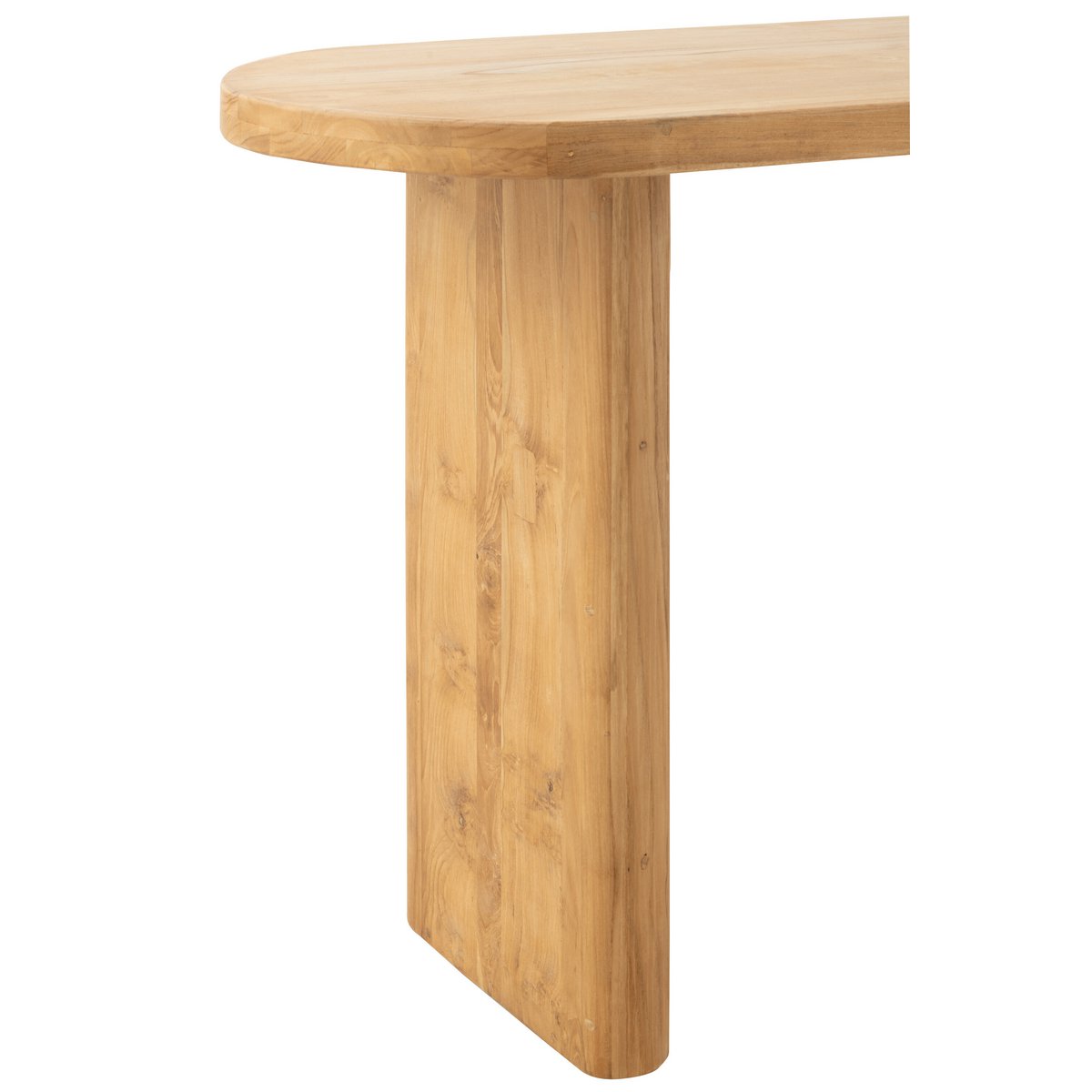 Détail pied large et plat table console bois naturel.