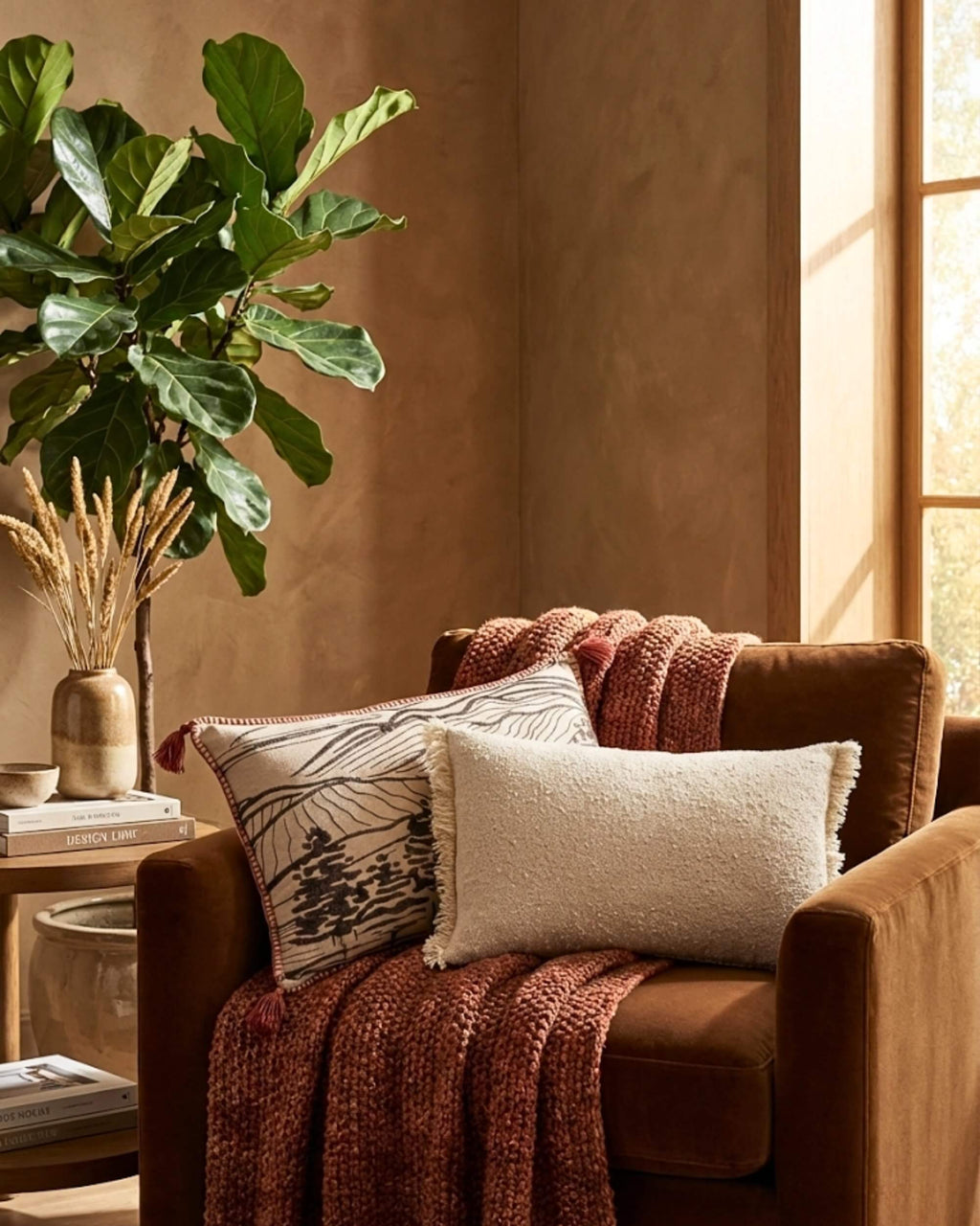 Idée décoration salon : superposition du petit coussin bouclette écru Nuage et du grand coussin brodé Vallée sienne pour une ambiance cocooning et automnale.
